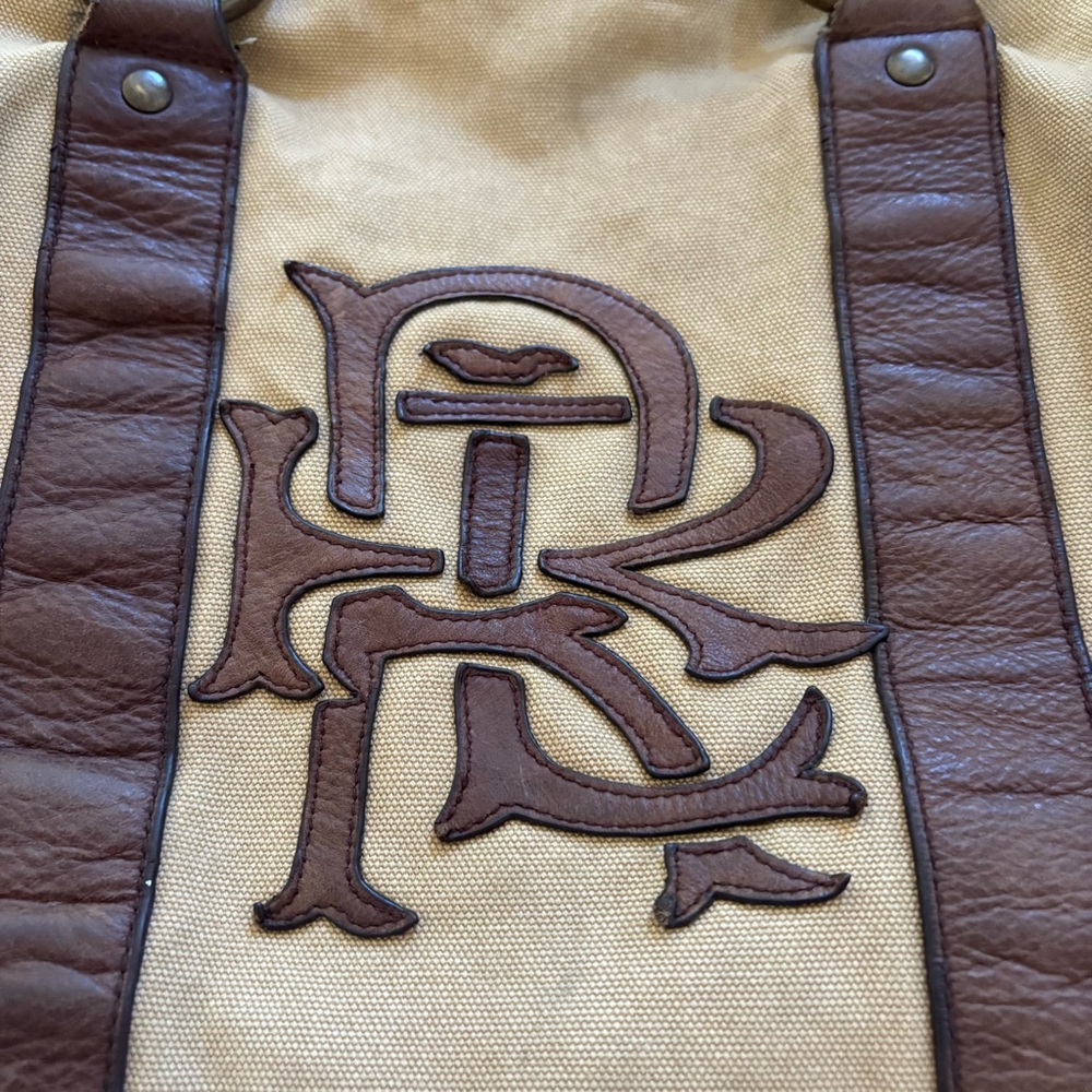 Vintage Rugby Ralph Lauren Khaki Canvas & Leather Small Duffle Tote Bag Monogram - Picture 2 of 16